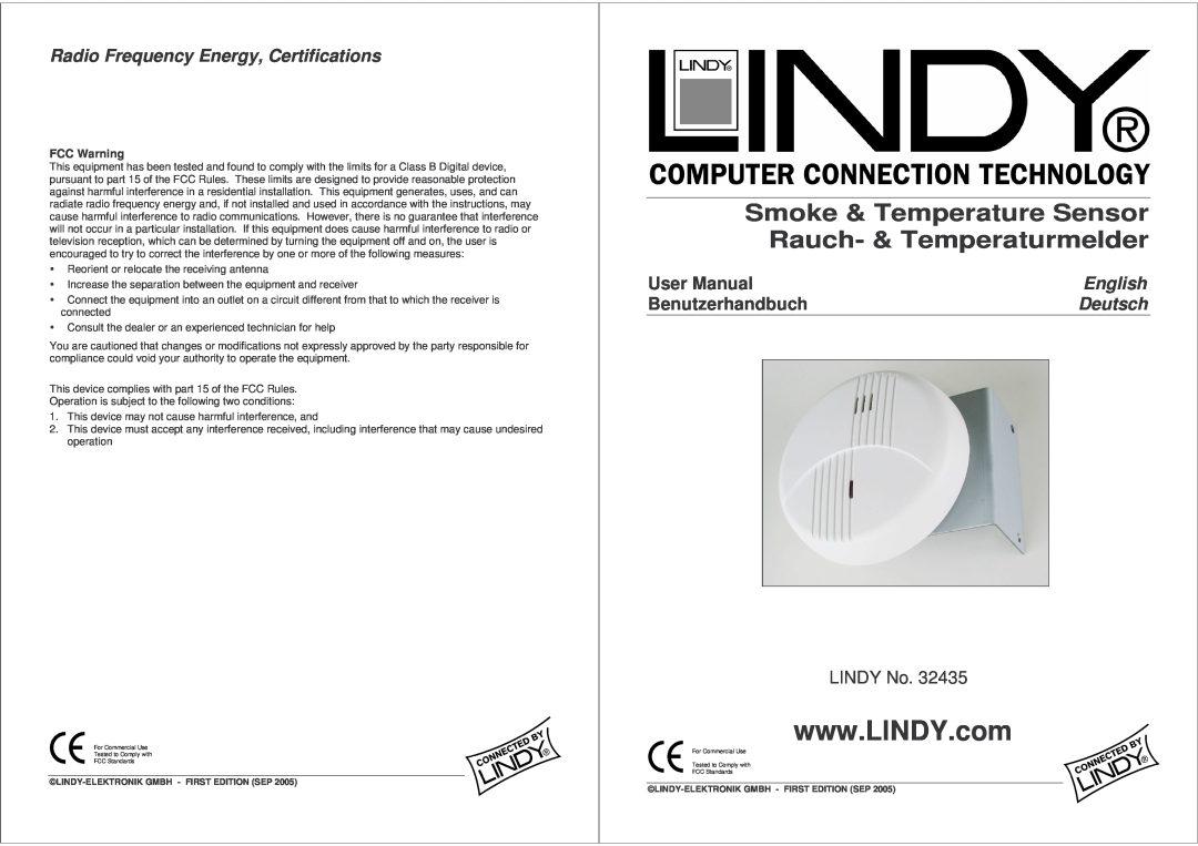 Lindy Smoke Alarm Radio Frequency Energy, Certifications, English, Benutzerhandbuch, Deutsch, LINDY No, FCC Warning 
