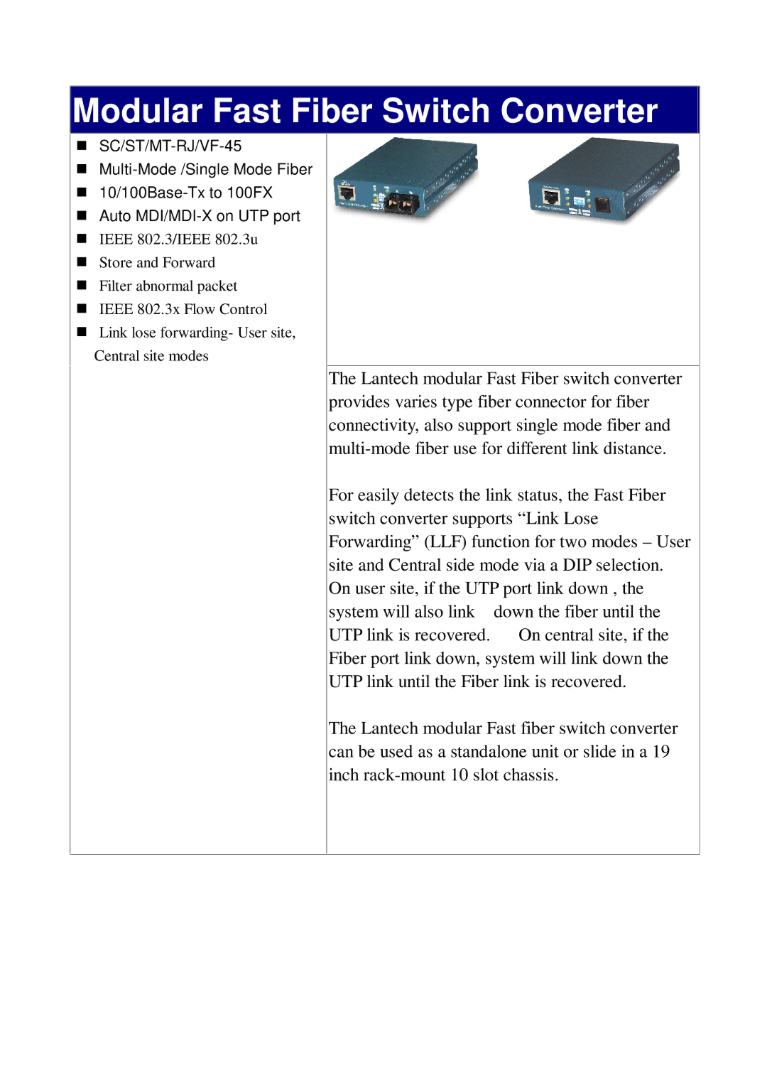 Lindy VF-45, ST, SC, MT-RJ manual Modular Fast Fiber Switch Converter 