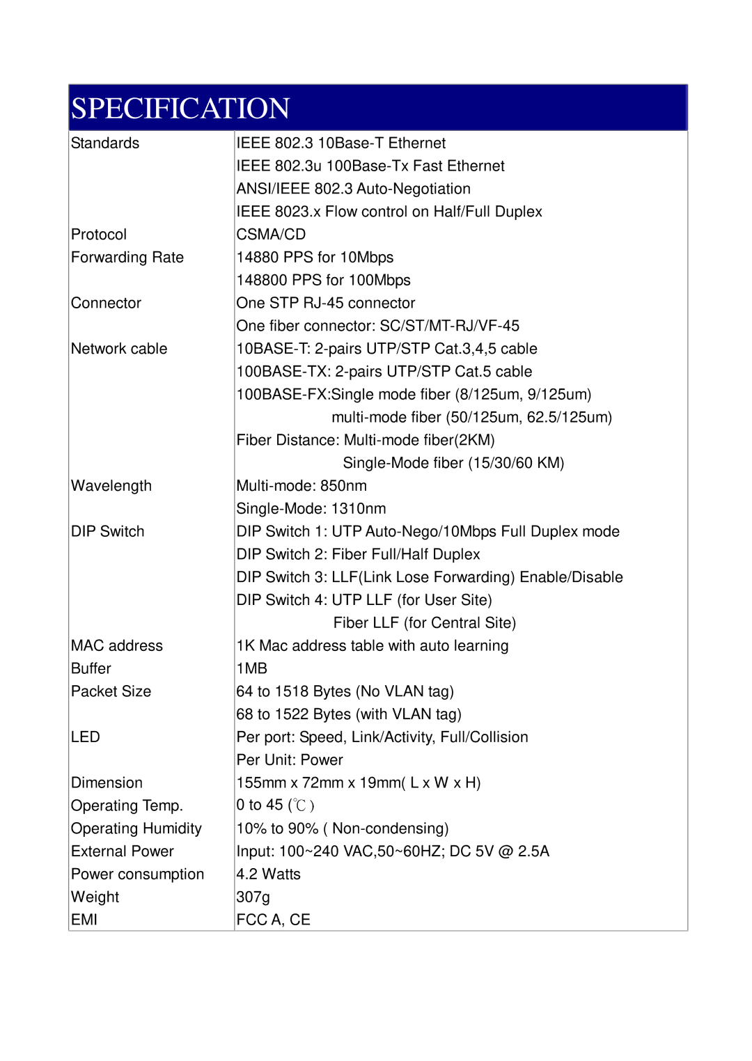 Lindy SC, ST, VF-45, MT-RJ manual Specification, Led, Emi, Csma/Cd, Fcc A, Ce 