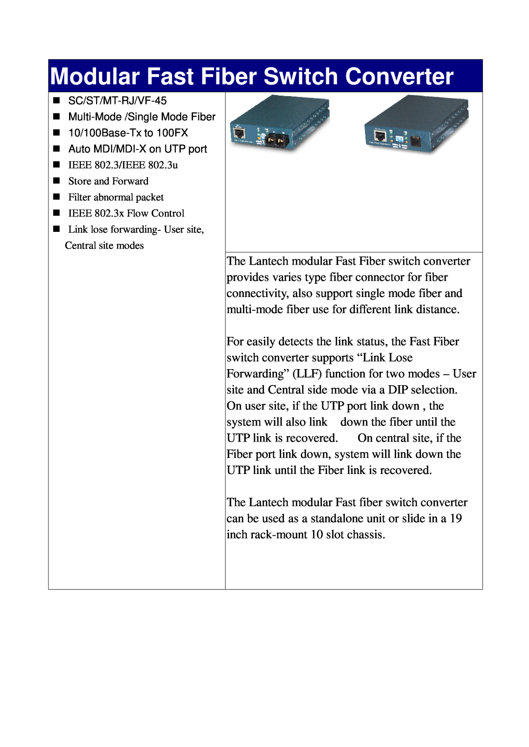 Lindy VF-45, ST, SC, MT-RJ manual Modular Fast Fiber Switch Converter 