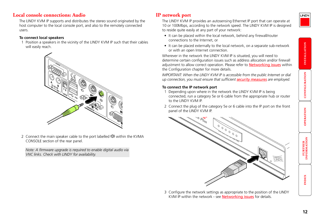 Lindy Switch manual Local console connections Audio, To connect local speakers, To connect the IP network port 
