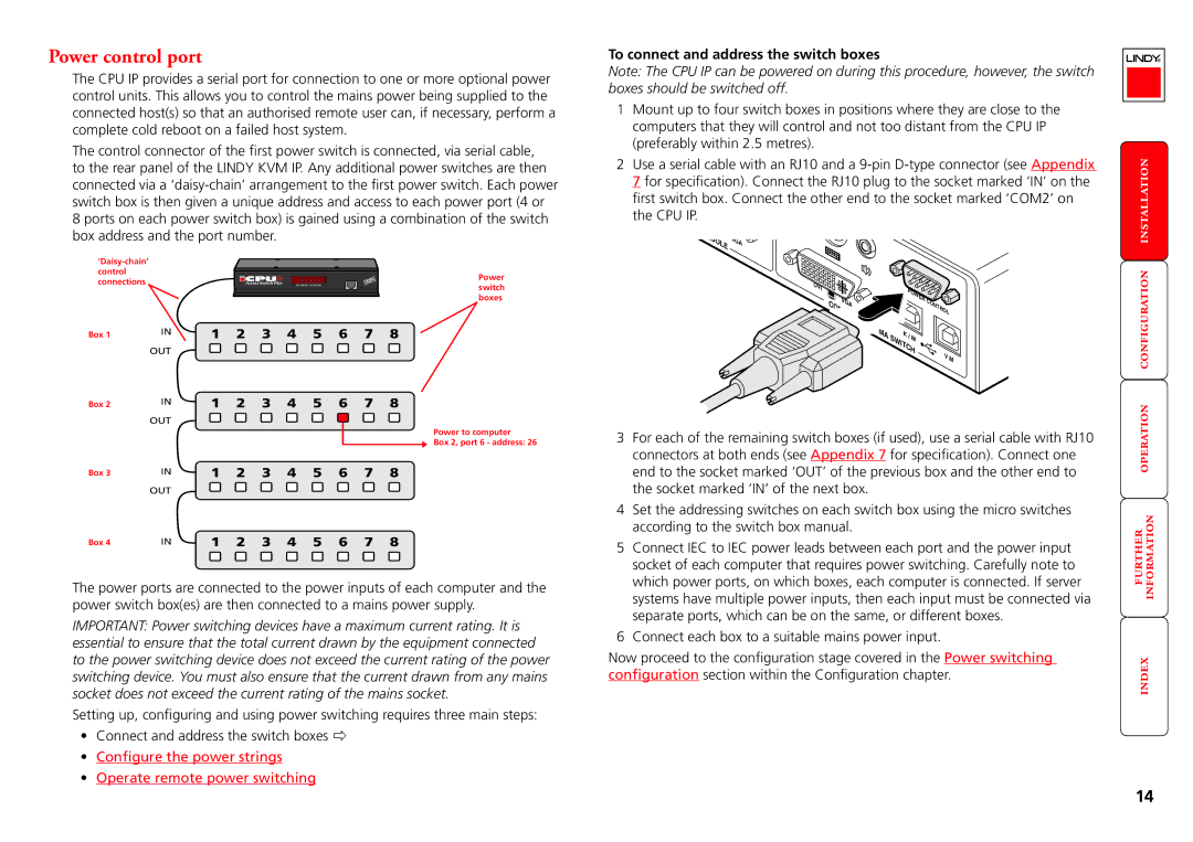 Lindy Switch manual Power control port, To connect and address the switch boxes 