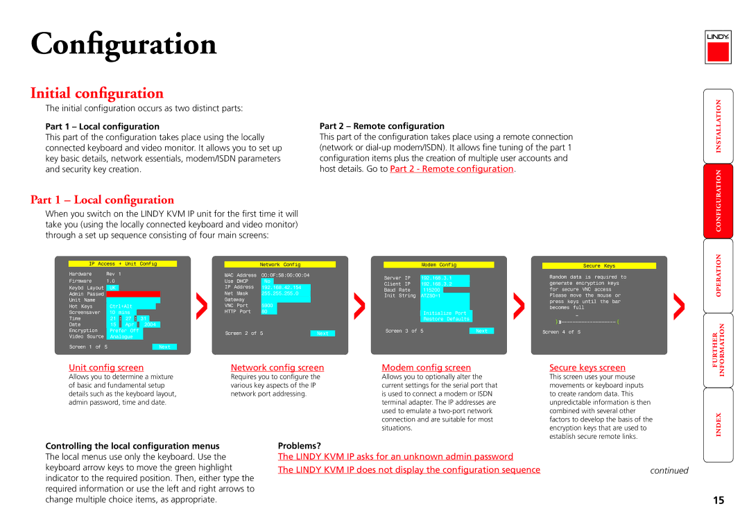 Lindy Switch manual Part 1 Local configuration, Initial configuration occurs as two distinct parts 