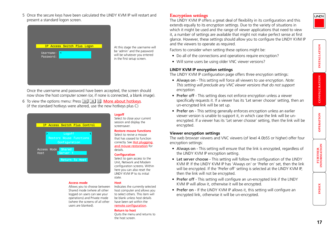 Lindy Switch manual Encryption settings, Lindy KVM IP encryption settings, Viewer encryption settings 