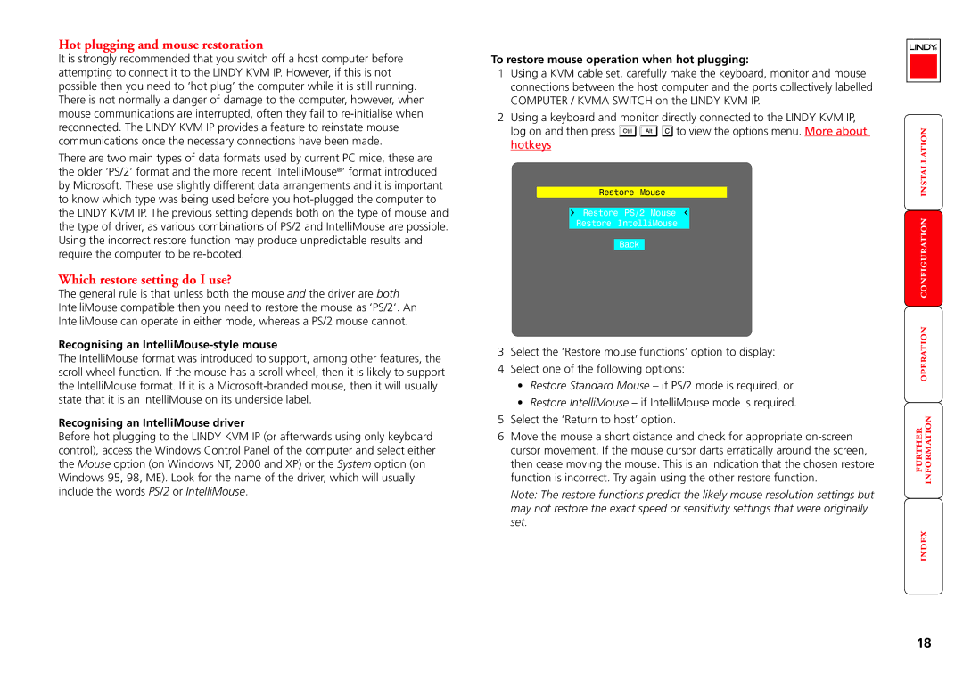 Lindy Switch Hot plugging and mouse restoration, Which restore setting do I use?, Recognising an IntelliMouse-style mouse 