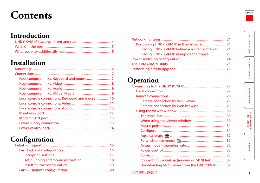 Lindy Switch manual Contents 