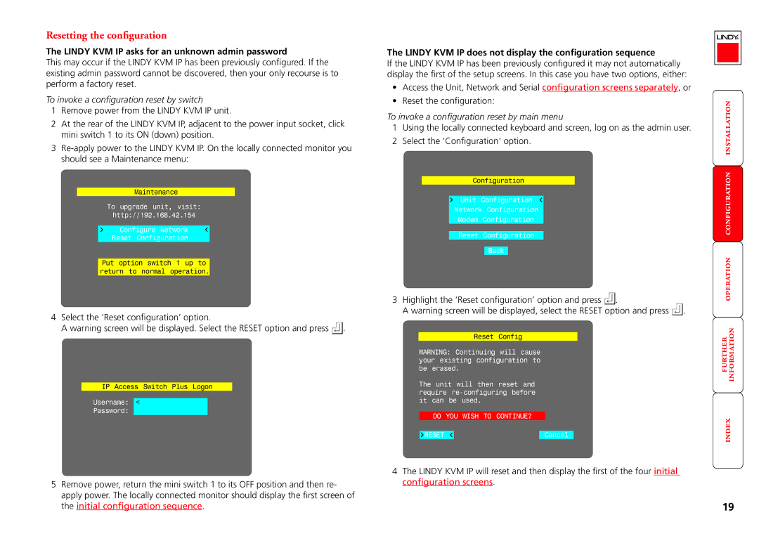 Lindy Switch manual Resetting the configuration, Lindy KVM IP asks for an unknown admin password 