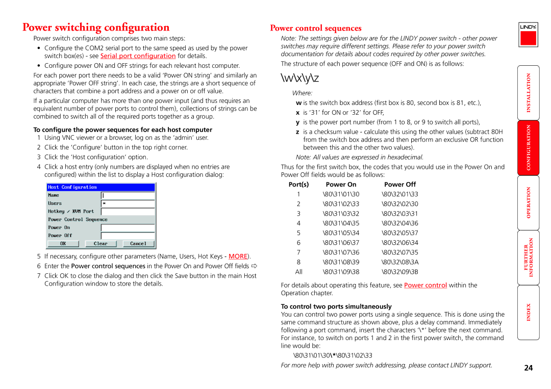 Lindy Switch manual Power switching configuration, Power control sequences, Power Off, To control two ports simultaneously 