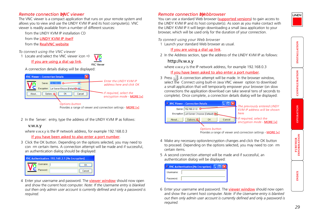 Lindy Switch manual Remote connection by VNC viewer, Remote connection by Web browser, To connect using the VNC viewer 