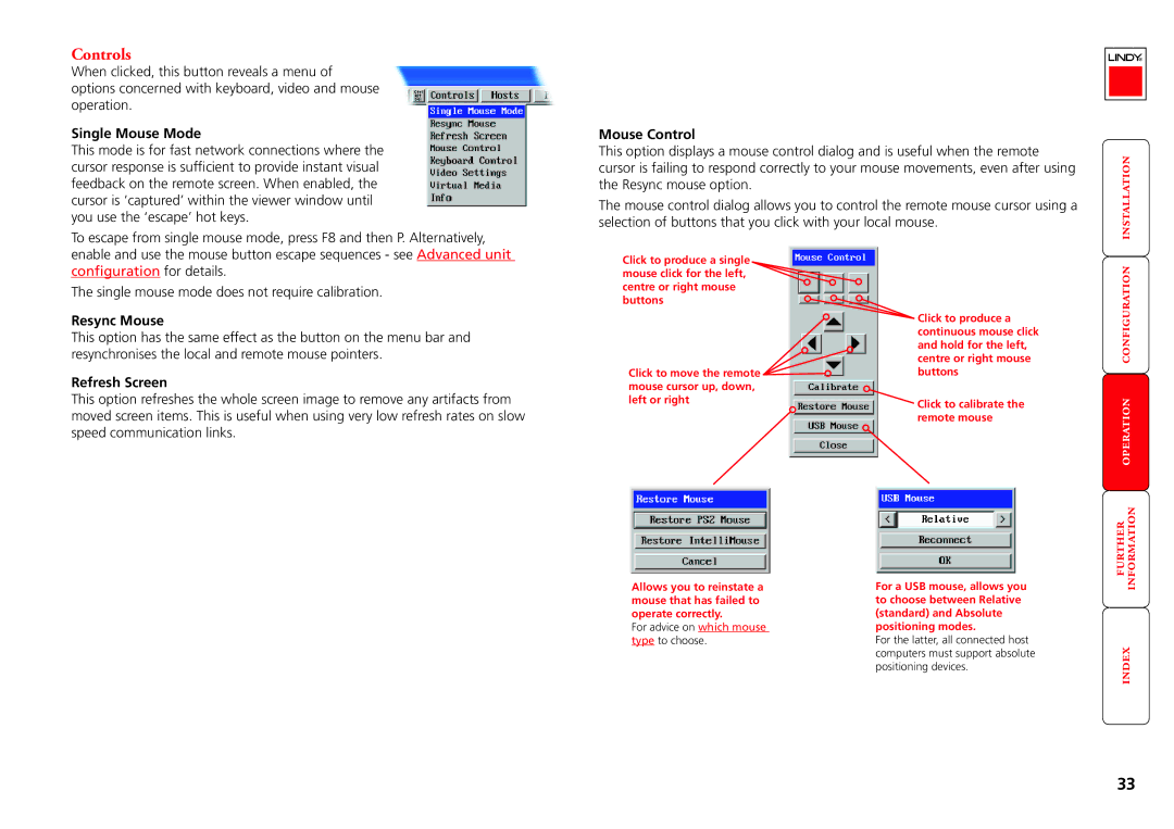 Lindy Switch manual Controls, Single Mouse Mode, Mouse Control, Resync Mouse, Refresh Screen 