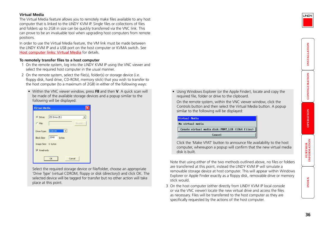 Lindy Switch manual Virtual Media, To remotely transfer files to a host computer 