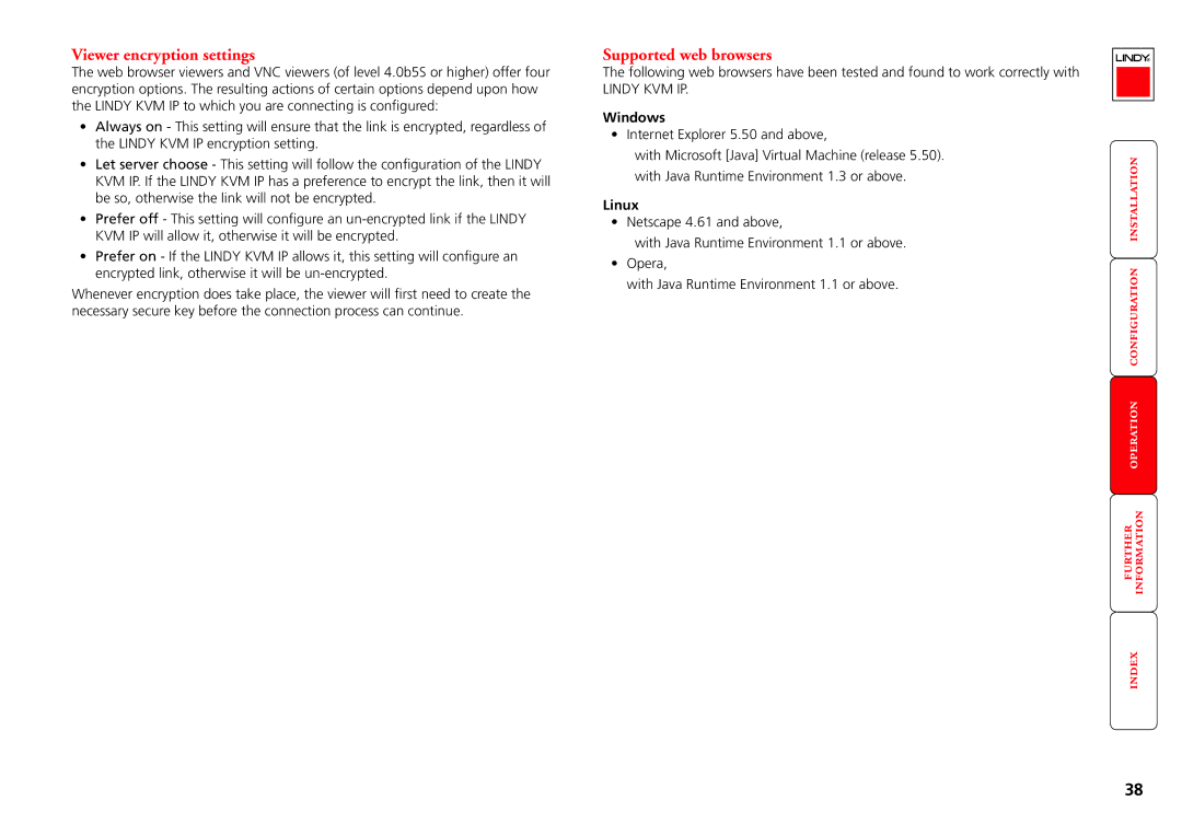 Lindy Switch manual Viewer encryption settings, Supported web browsers, Windows, Linux 