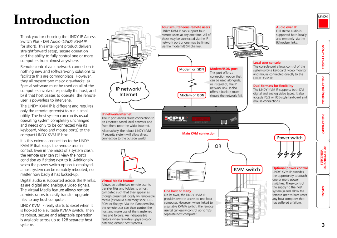 Lindy Switch Local user console, Modem/ISDN port, Dual formats for flexibility, IP network/Internet, Virtual Media feature 