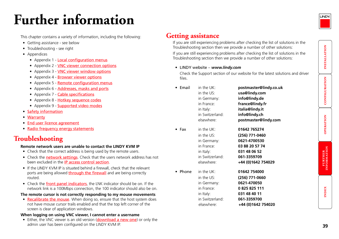 Lindy Switch manual Troubleshooting, Getting assistance 
