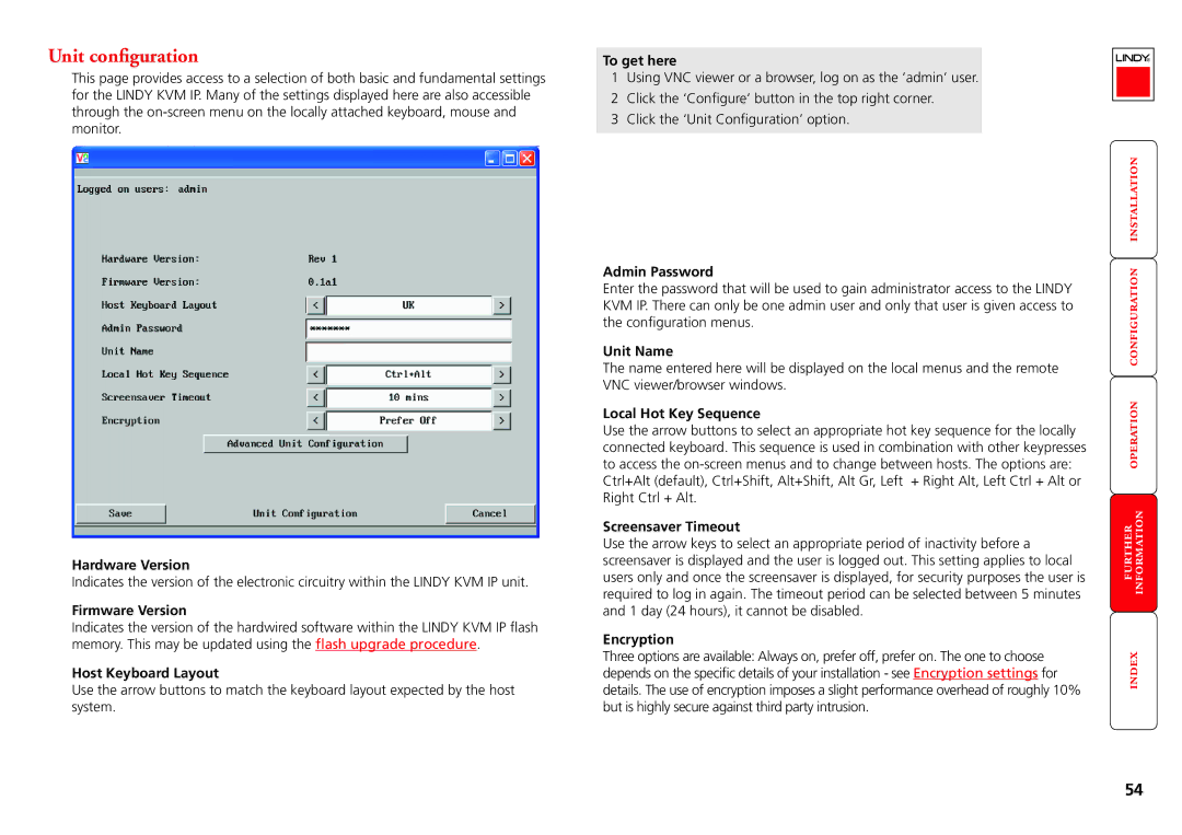 Lindy Switch manual Hardware Version, Firmware Version, Host Keyboard Layout, Local Hot Key Sequence, Screensaver Timeout 