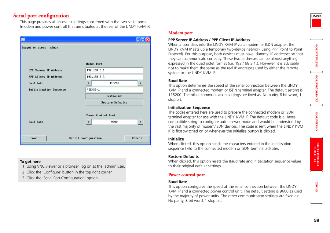 Lindy Switch manual Serial port configuration, Modem port, Power control port 