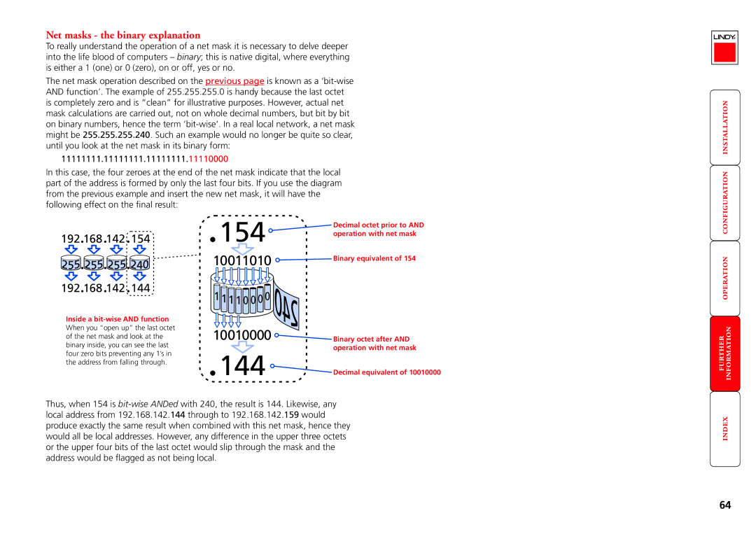 Lindy Switch manual Net masks the binary explanation, Operation with net mask, Binary equivalent, Binary octet after 