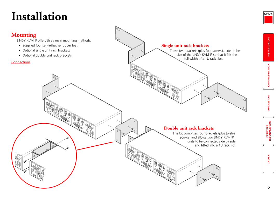 Lindy Switch manual Mounting, Single unit rack brackets, Double unit rack brackets, Full width of a 1U rack slot 