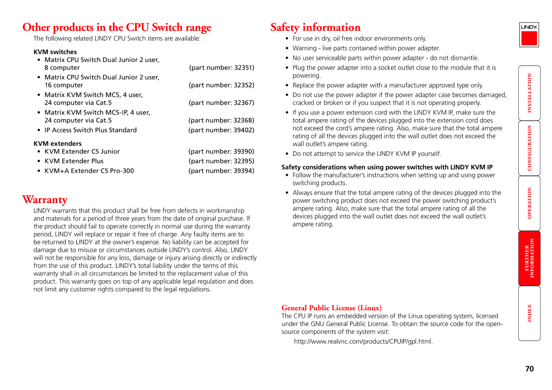 Lindy manual Other products in the CPU Switch range, Warranty, Safety information, General Public License Linux 