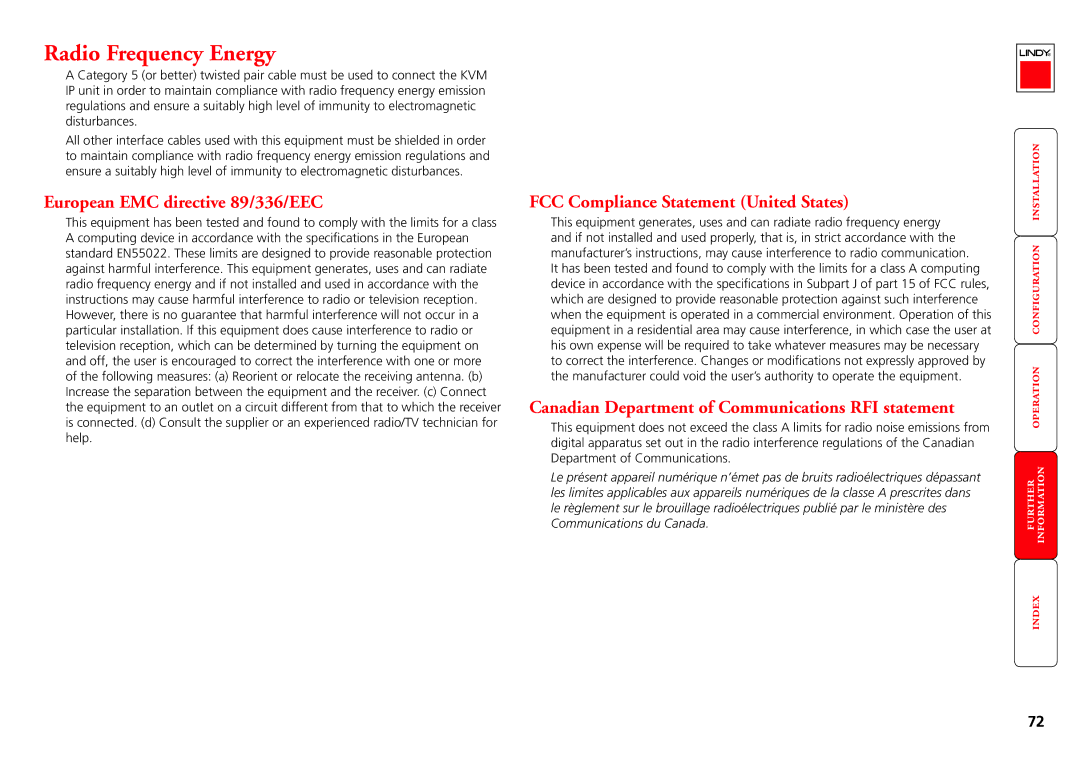 Lindy Switch manual Radio Frequency Energy, European EMC directive 89/336/EEC, FCC Compliance Statement United States 