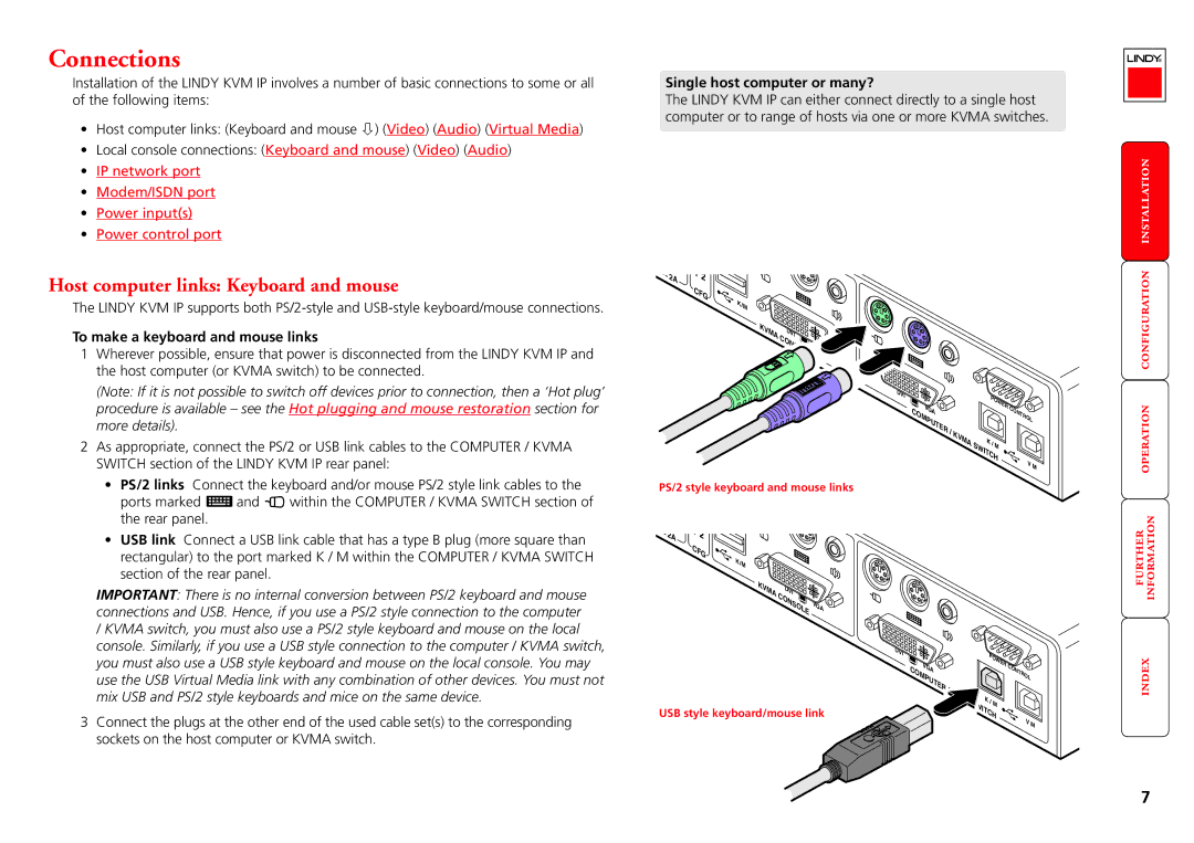 Lindy Switch Connections, Host computer links Keyboard and mouse, Local console connections Keyboard and mouse Video Audio 