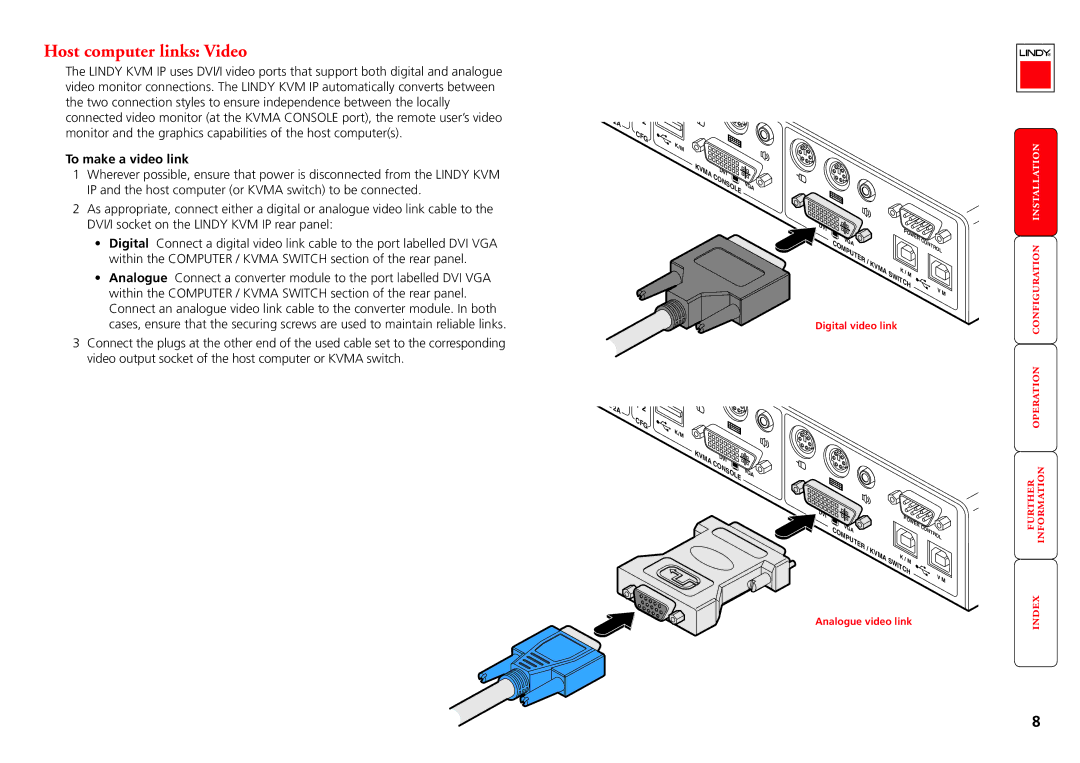 Lindy Switch manual Host computer links Video, To make a video link 