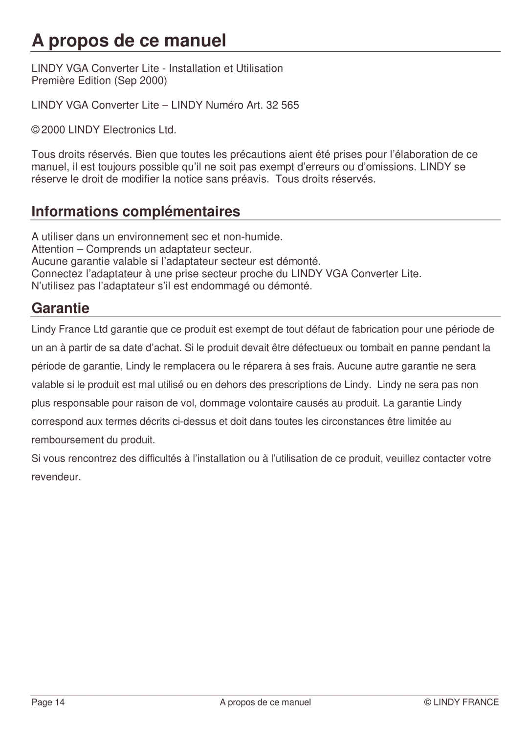 Lindy TTX7601 manual Propos de ce manuel, Informations complémentaires 