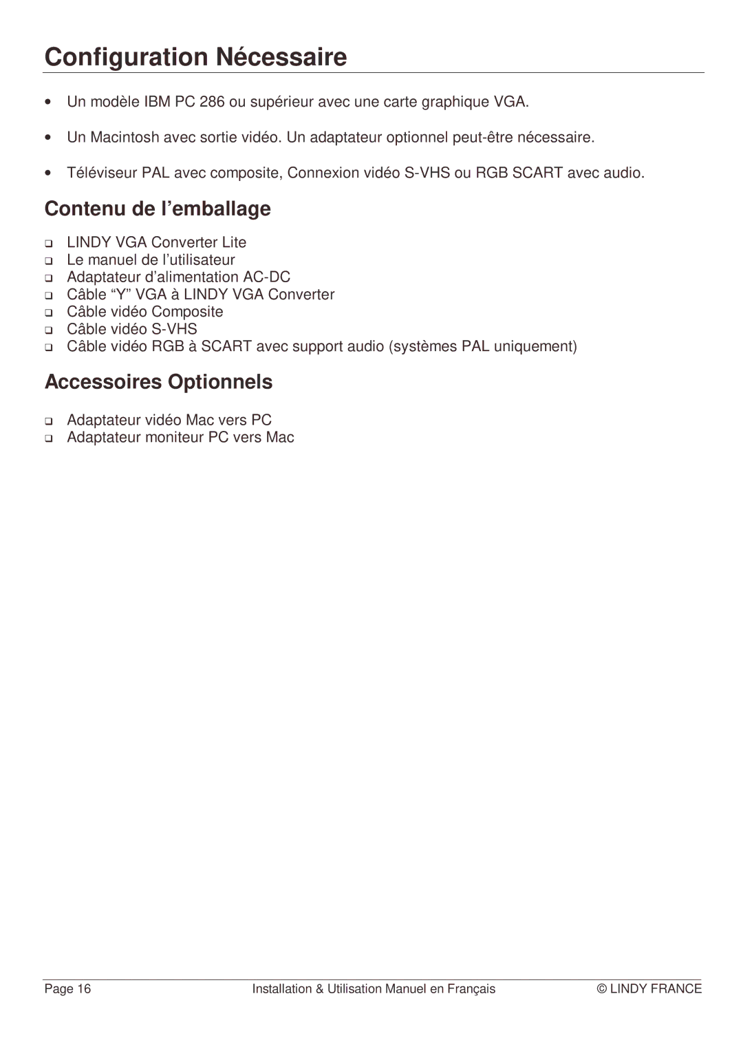 Lindy TTX7601 manual Configuration Nécessaire, Contenu de l’emballage, Accessoires Optionnels 