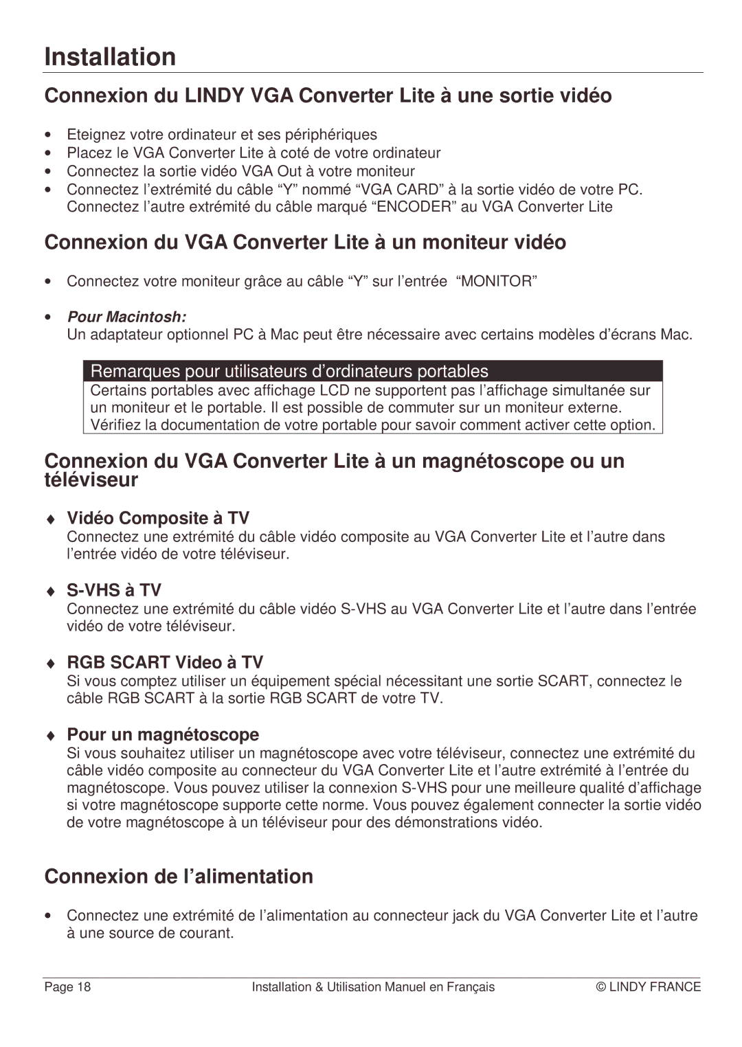 Lindy TTX7601 manual Connexion du Lindy VGA Converter Lite à une sortie vidéo, Connexion de l’alimentation 