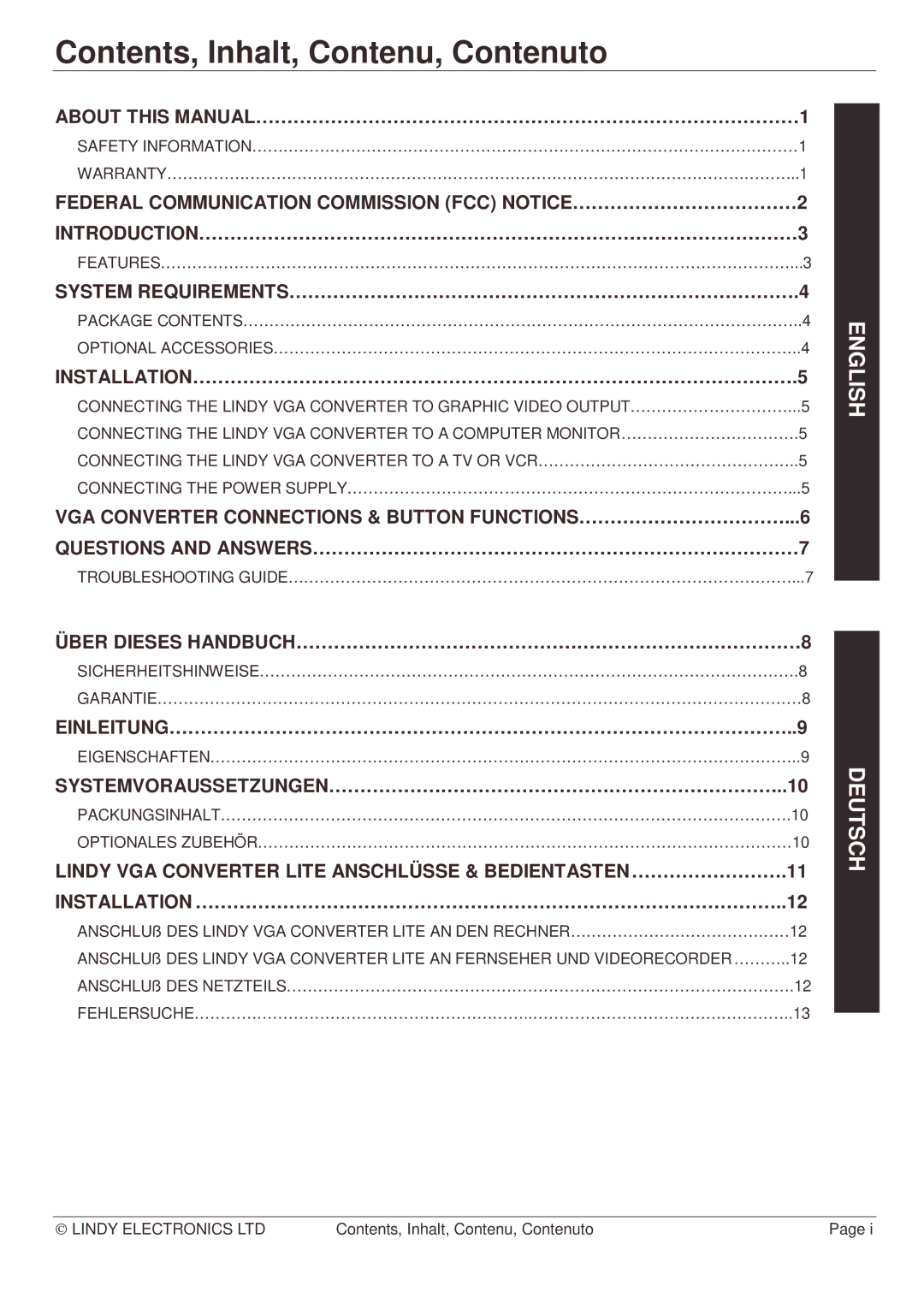 Lindy TTX7601 manual Contents, Inhalt, Contenu, Contenuto 