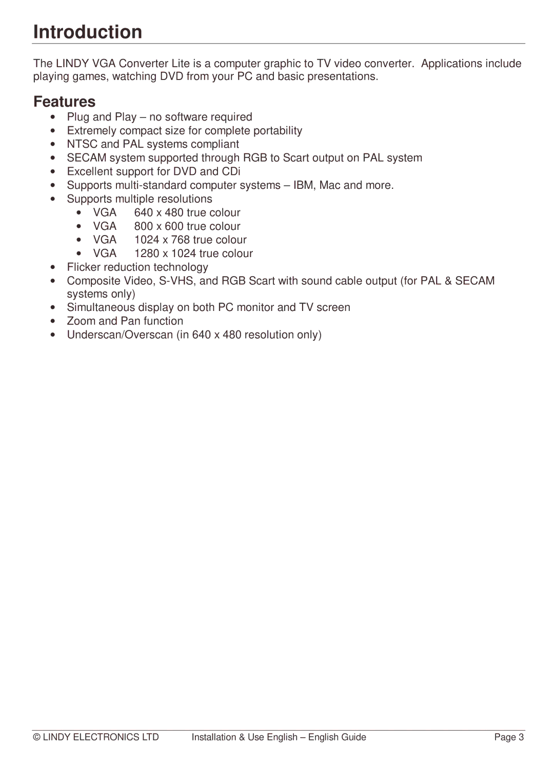 Lindy TTX7601 manual Introduction, Features 