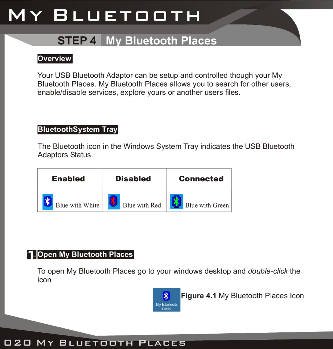 Lindy USB Bluetooth Adaptor manual My Bluetooth Places, Overview, BluetoothSystem Tray, Enabled Disabled Connected 