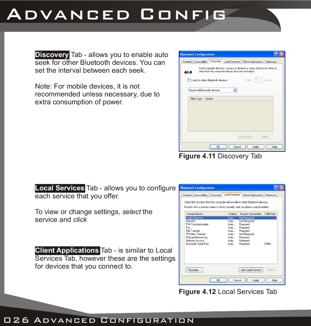 Lindy USB Bluetooth Adaptor manual Advanced Config, Local Services Tab 
