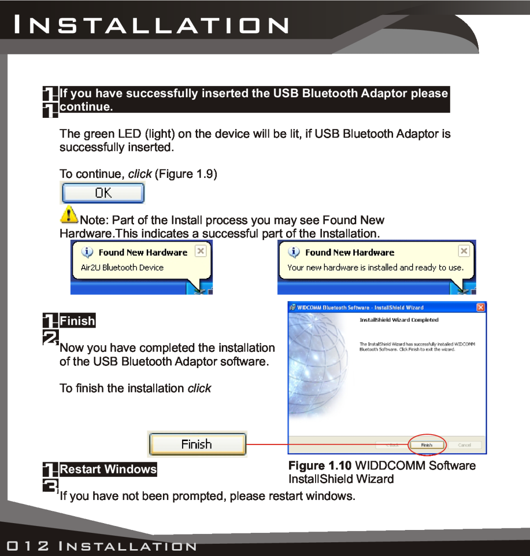 Lindy USB Bluetooth Adaptor manual Installation, Finish, Restart Windows, InstallShield Wizard 