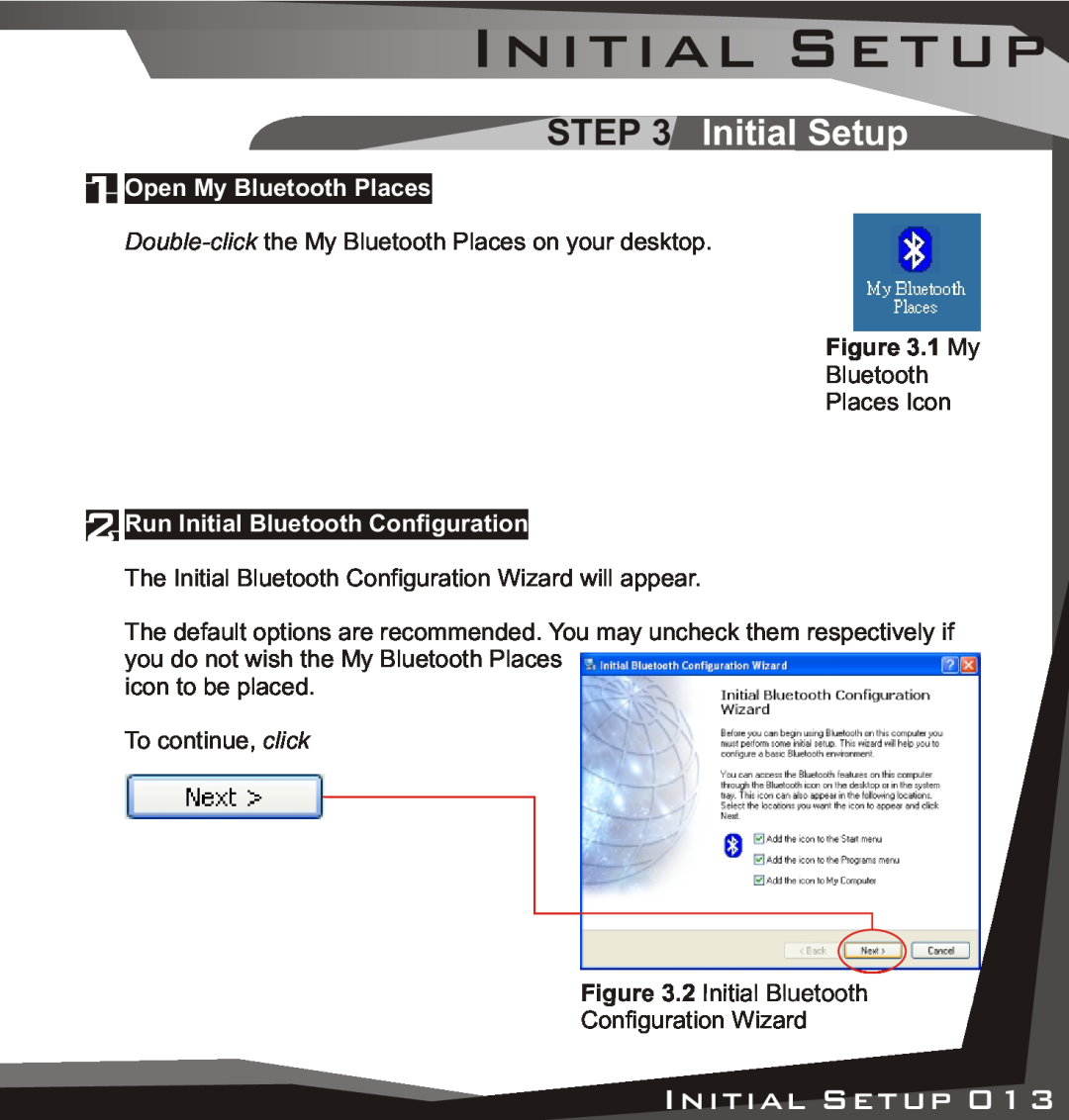 Lindy USB Bluetooth Adaptor manual Initial Setup, Open My Bluetooth Places, 1 My, Run Initial Bluetooth Configuration 