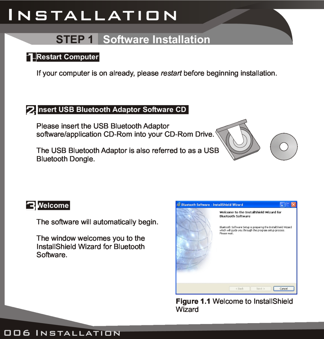 Lindy manual Software Installation, Restart Computer, Insert USB Bluetooth Adaptor Software CD, Welcome 