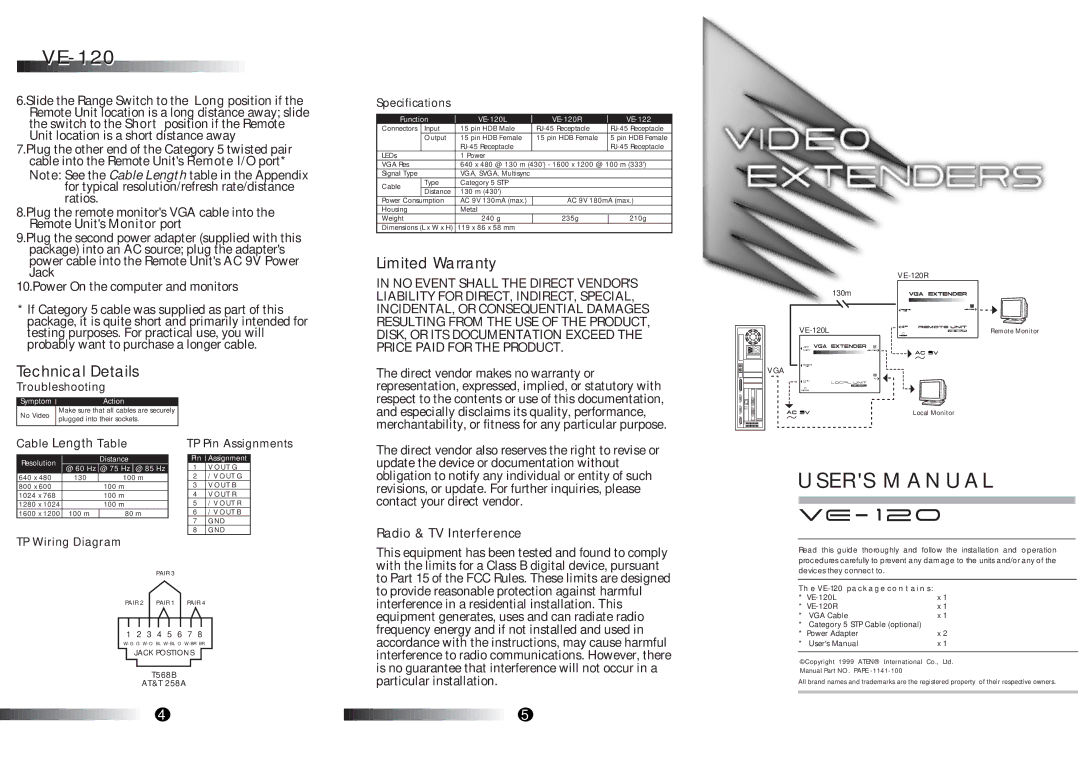 Lindy VE-120 user manual Technical Details, Limited Warranty 