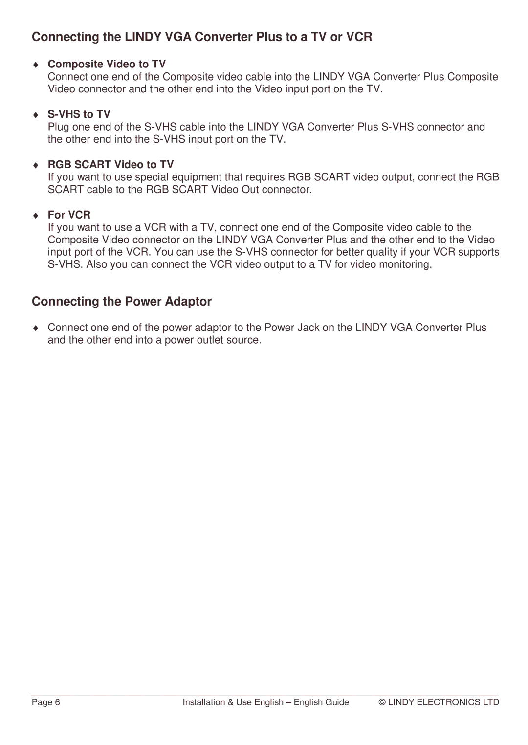 Lindy Webcam manual Connecting the Lindy VGA Converter Plus to a TV or VCR, Connecting the Power Adaptor 