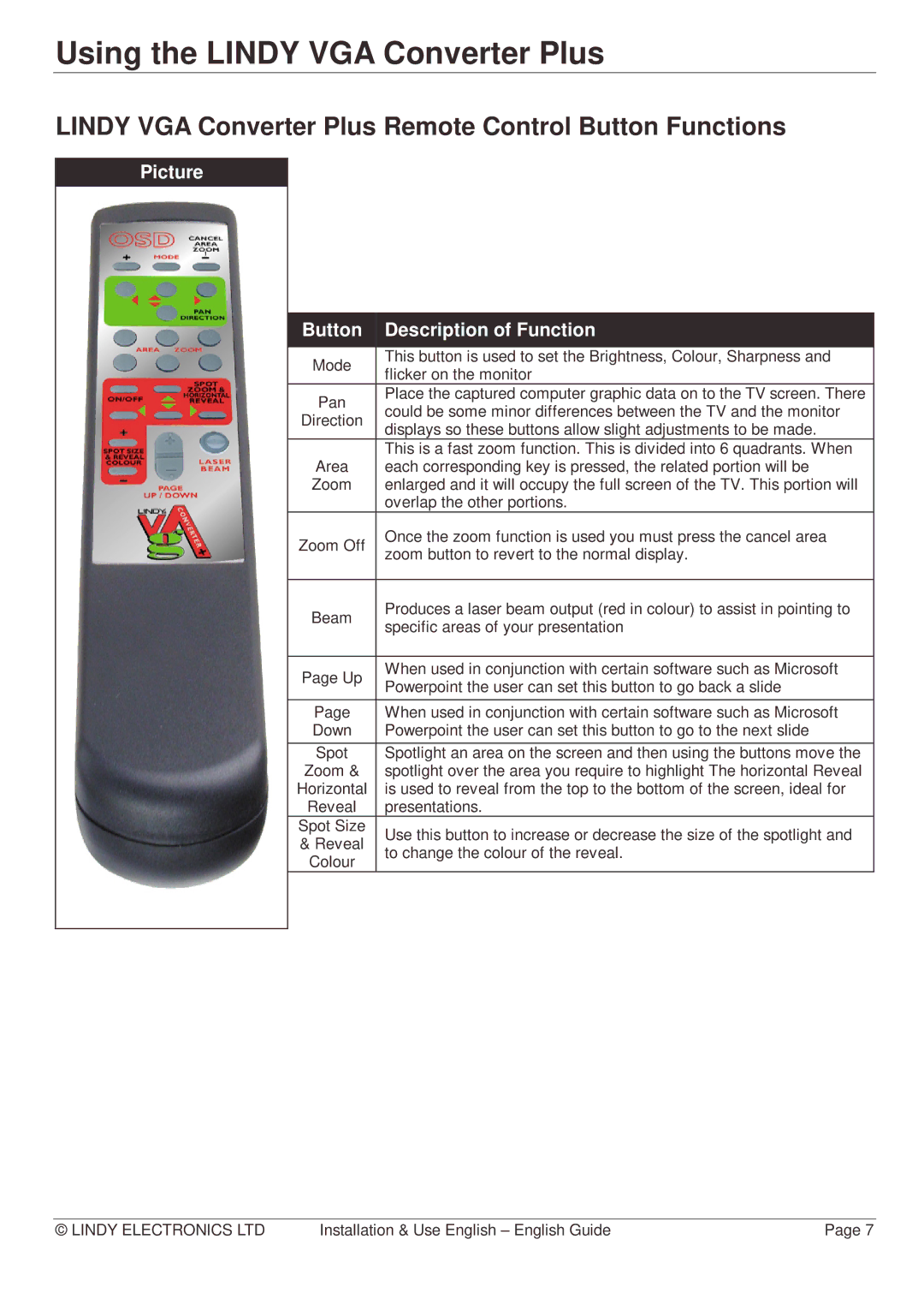 Lindy Webcam manual Using the Lindy VGA Converter Plus, Lindy VGA Converter Plus Remote Control Button Functions 