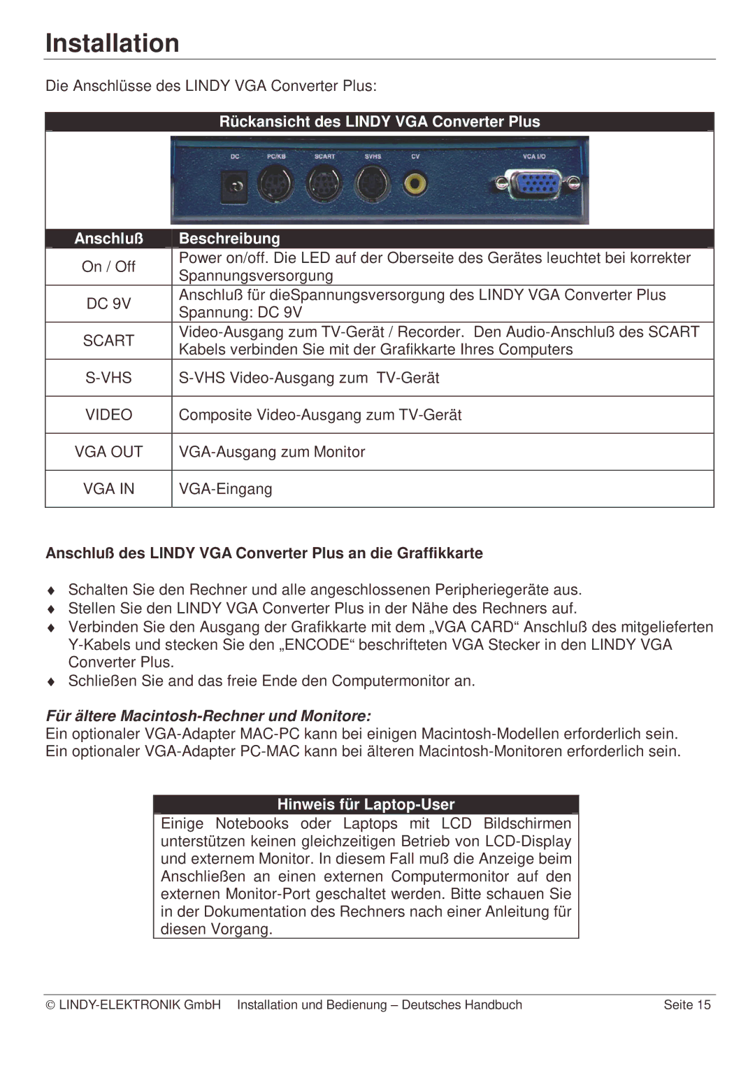 Lindy Webcam manual Anschluß des Lindy VGA Converter Plus an die Graffikkarte, Hinweis für Laptop-User 