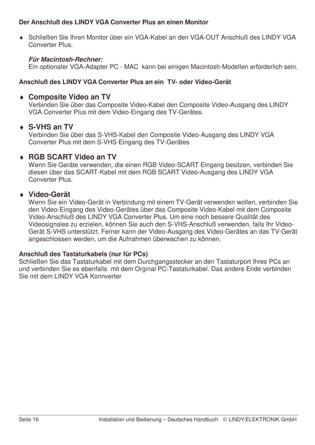 Lindy Webcam manual Composite Video an TV, VHS an TV, RGB Scart Video an TV, Video-Gerät 