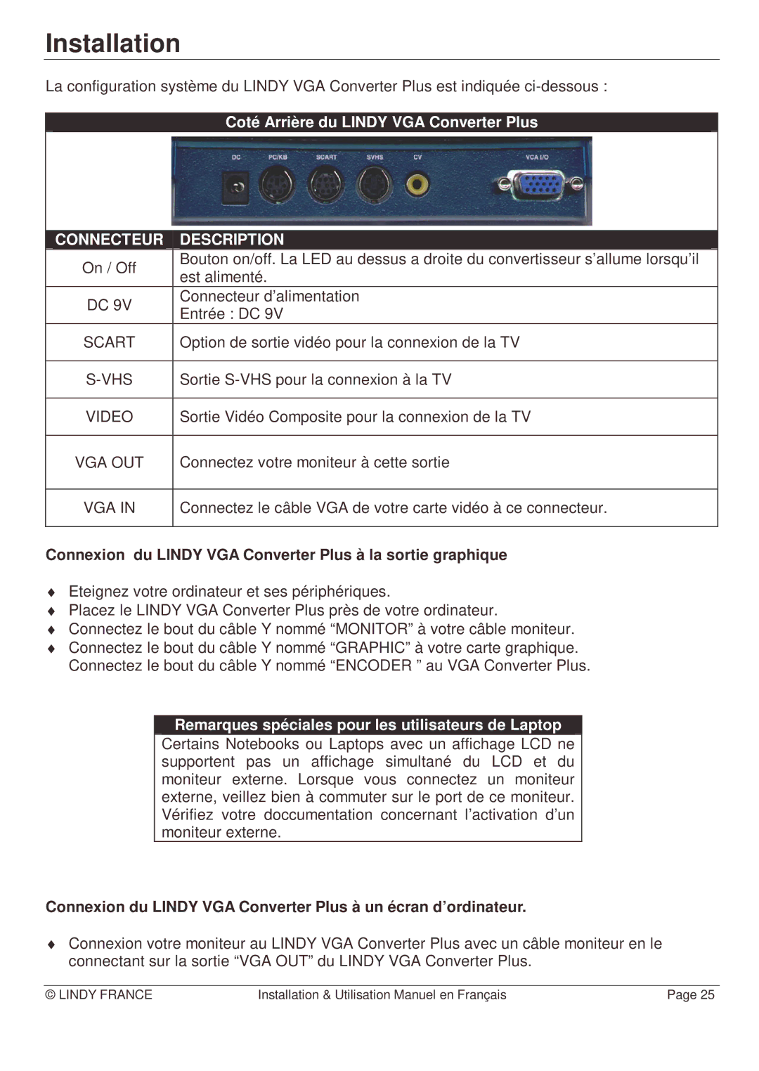 Lindy Webcam manual Coté Arrière du Lindy VGA Converter Plus, Connexion du Lindy VGA Converter Plus à la sortie graphique 