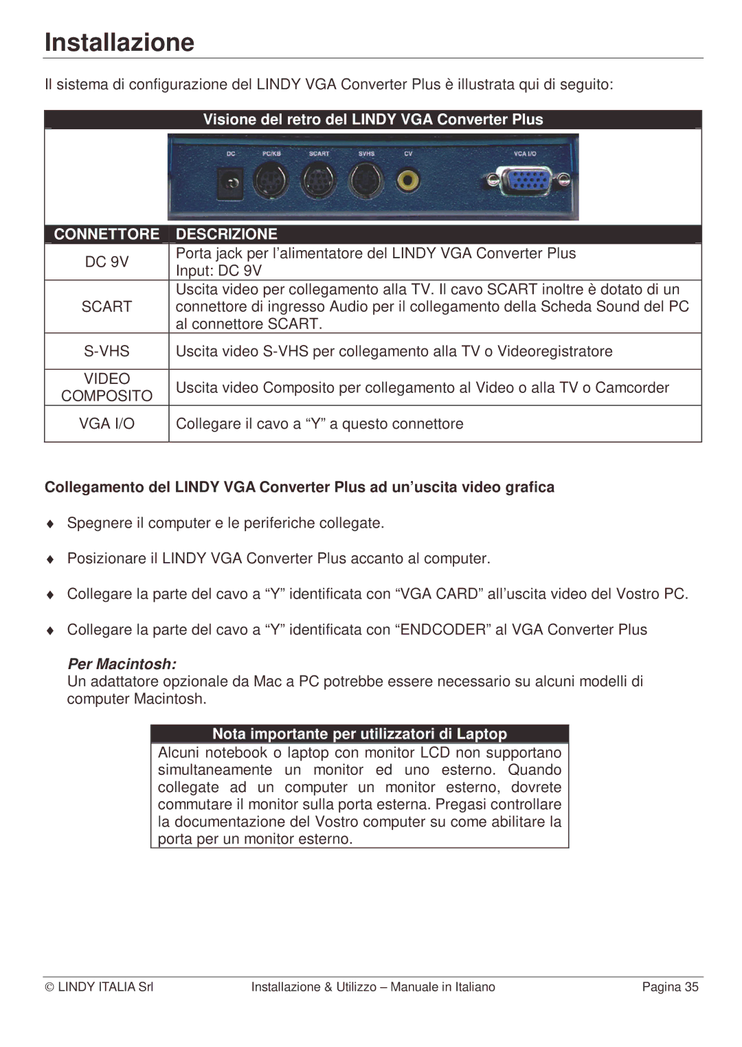 Lindy Webcam Installazione, Visione del retro del Lindy VGA Converter Plus, Nota importante per utilizzatori di Laptop 