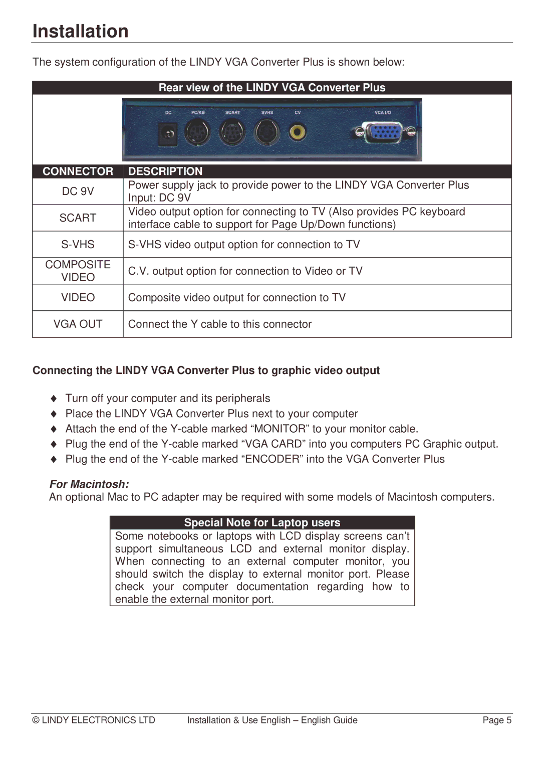 Lindy Webcam manual Installation, Rear view of the Lindy VGA Converter Plus, Special Note for Laptop users 