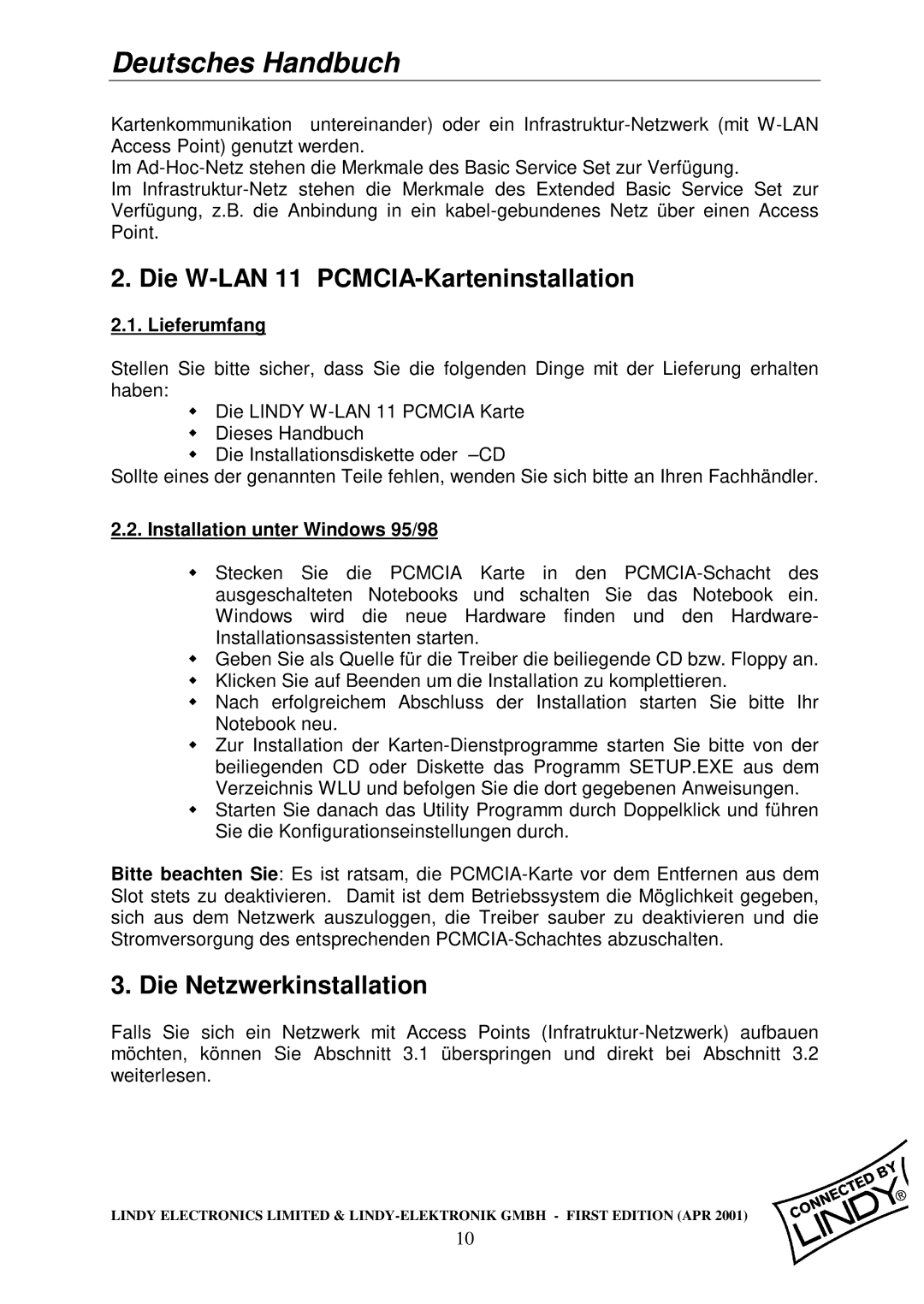 Lindy Wireless LAN - 11 PCMCIA Card manual Die W-LAN 11 PCMCIA-Karteninstallation, Die Netzwerkinstallation, Lieferumfang 