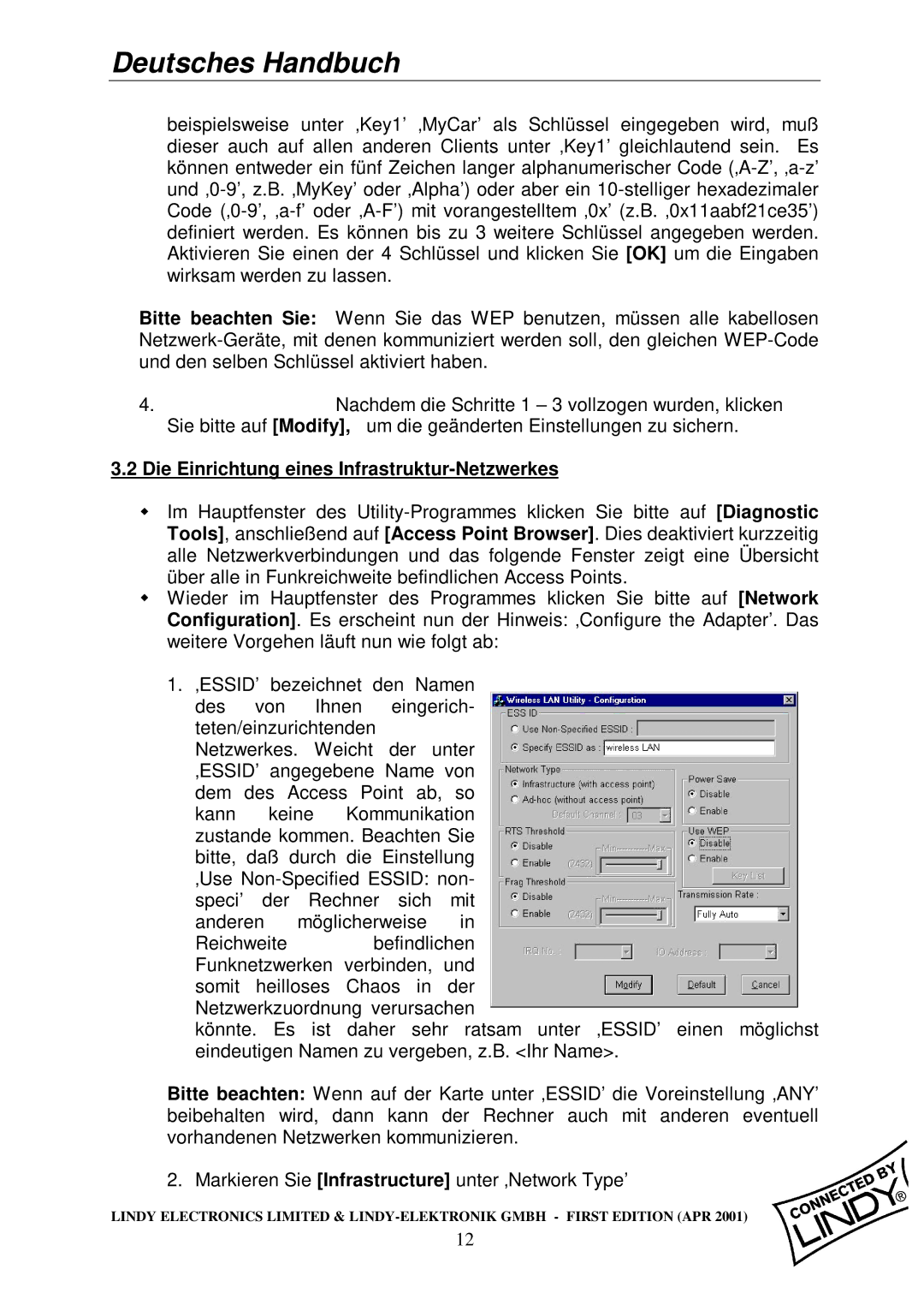 Lindy Wireless LAN - 11 PCMCIA Card manual Die Einrichtung eines Infrastruktur-Netzwerkes 