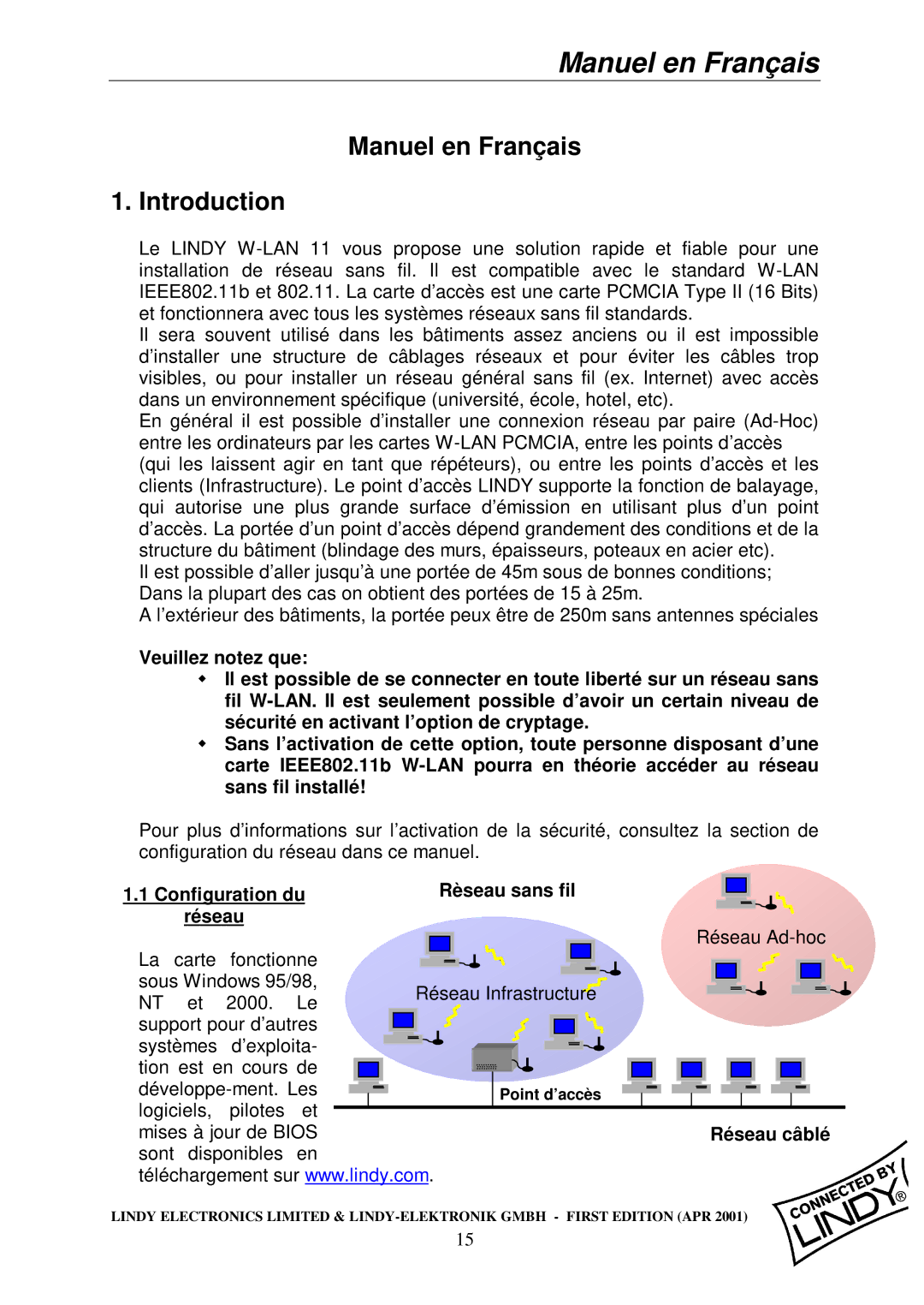 Lindy Wireless LAN - 11 PCMCIA Card manual Manuel en Franç ais Introduction, Configuration du ré seau, Ré seau câ blé 