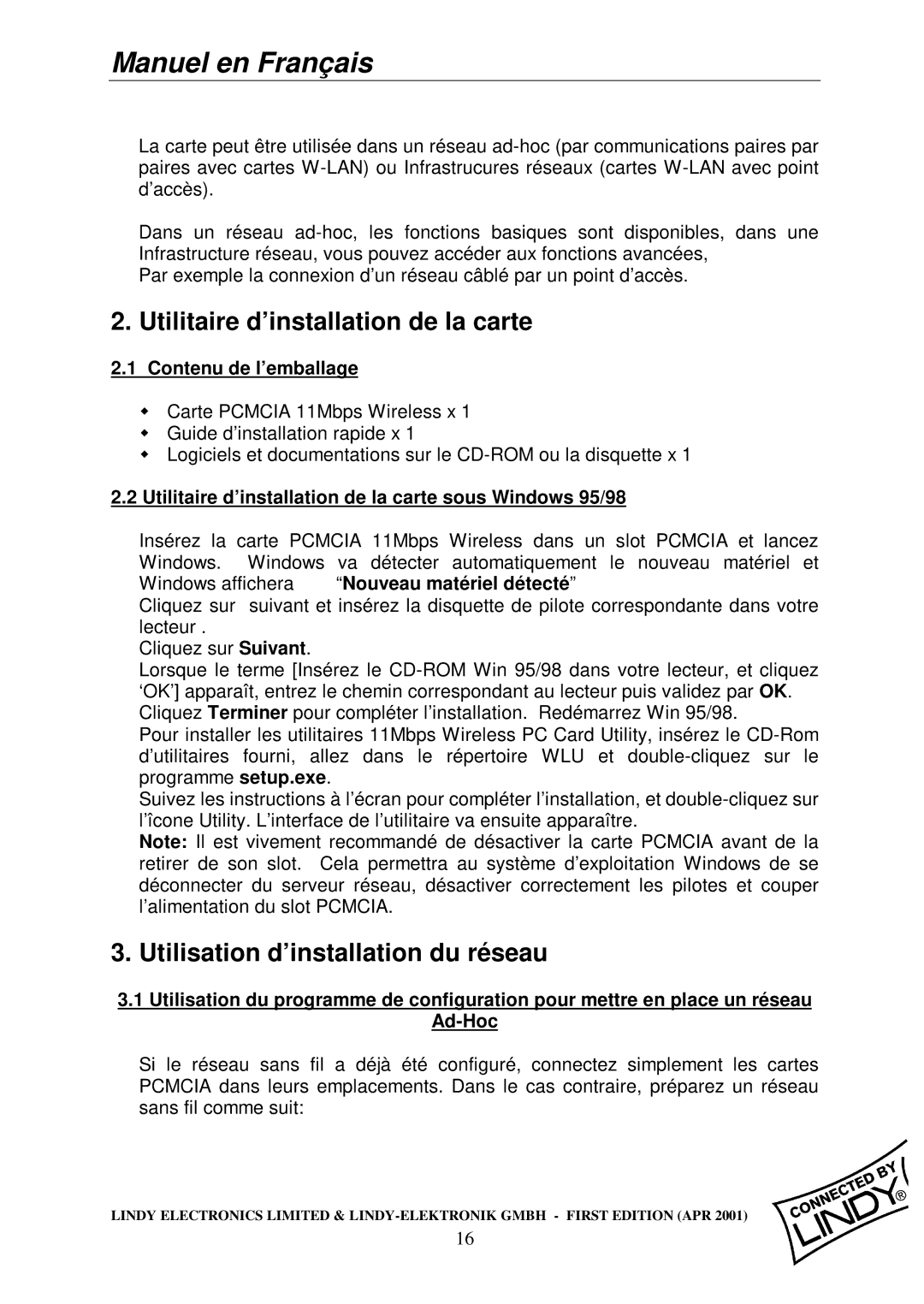 Lindy Wireless LAN - 11 PCMCIA Card manual Utilitaire d’installation de la carte, Utilisation d’installation du ré seau 