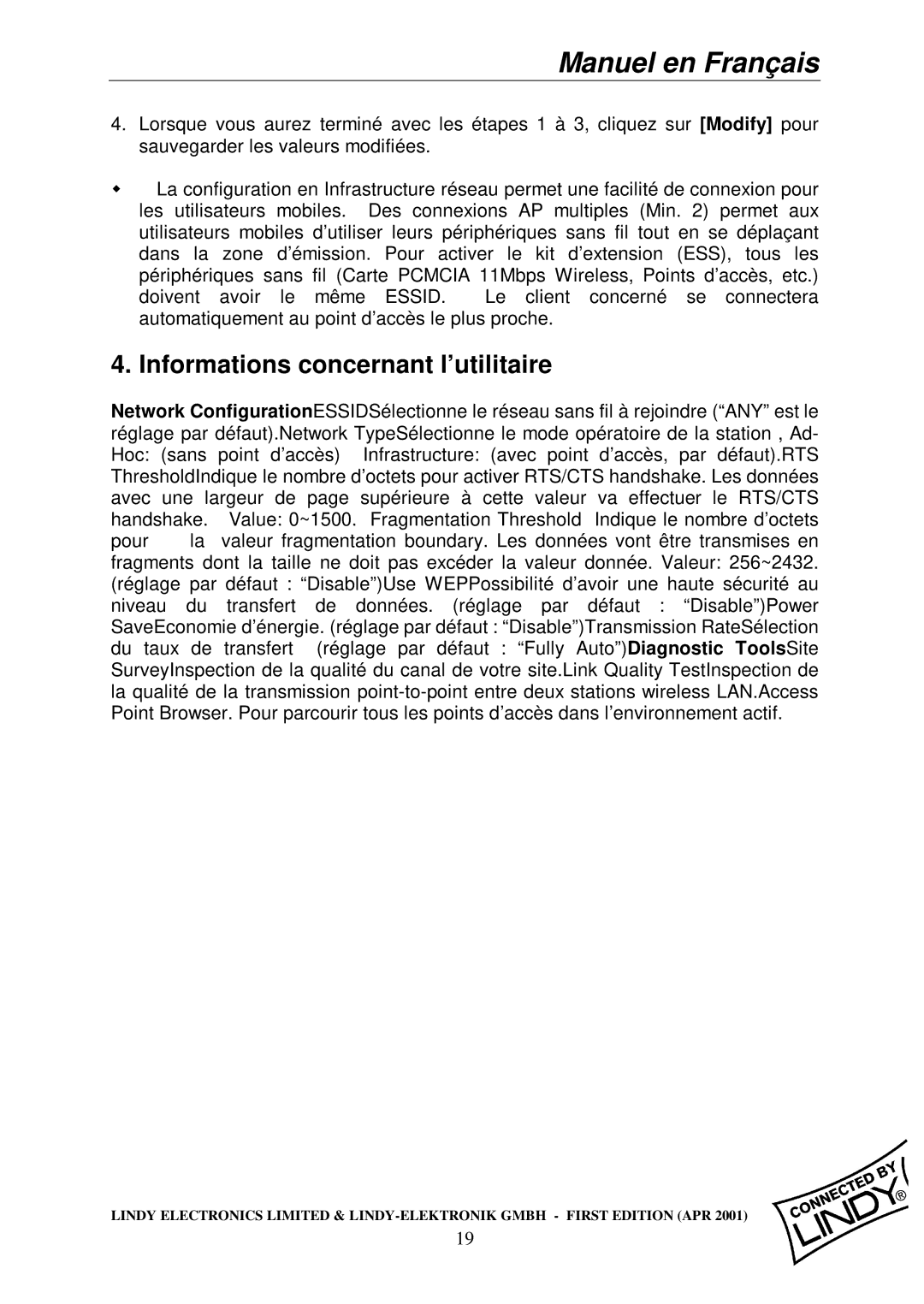 Lindy Wireless LAN - 11 PCMCIA Card manual Informations concernant l’utilitaire 