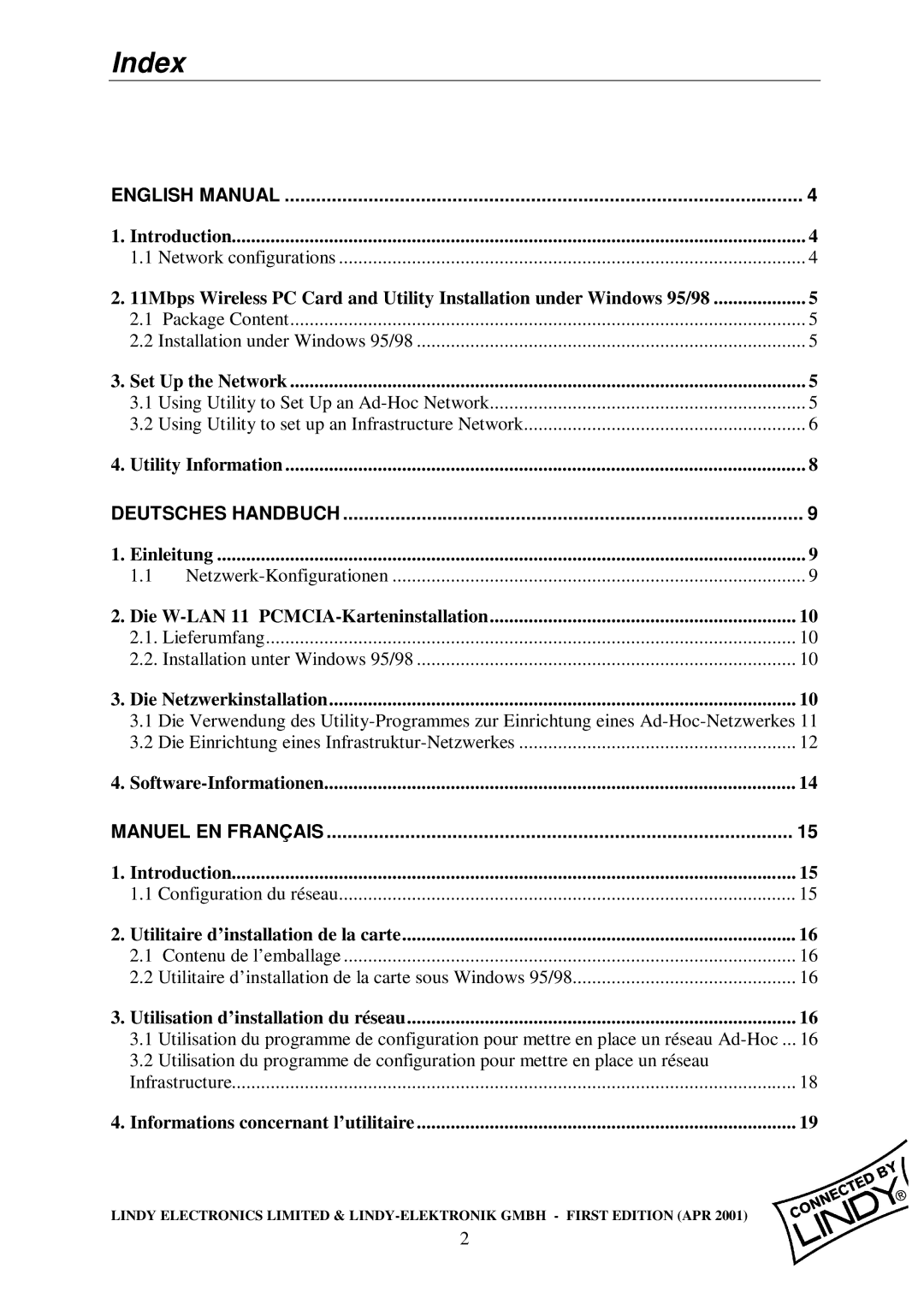 Lindy Wireless LAN - 11 PCMCIA Card manual Index, English Manual 